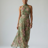 Abelone — Sage Green Floral Halter Midi Dress with Gathered Waist