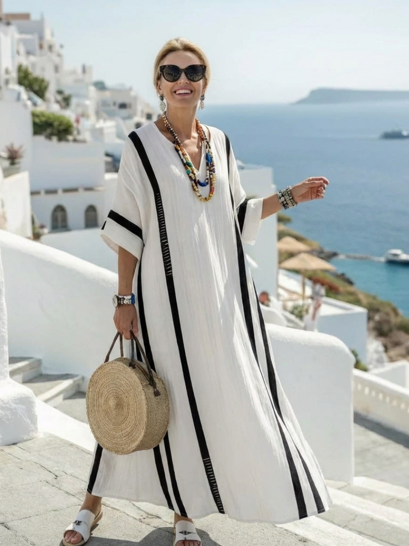 Katriel — White Maxi Dress with Black Stripe Trim and V-Neck