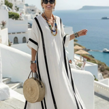 Katriel — White Maxi Dress with Black Stripe Trim and V-Neck