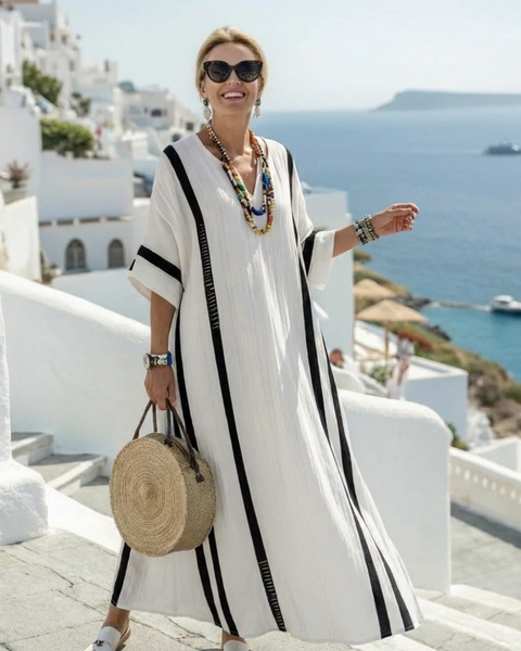 Katriel — White Maxi Dress with Black Stripe Trim and V-Neck