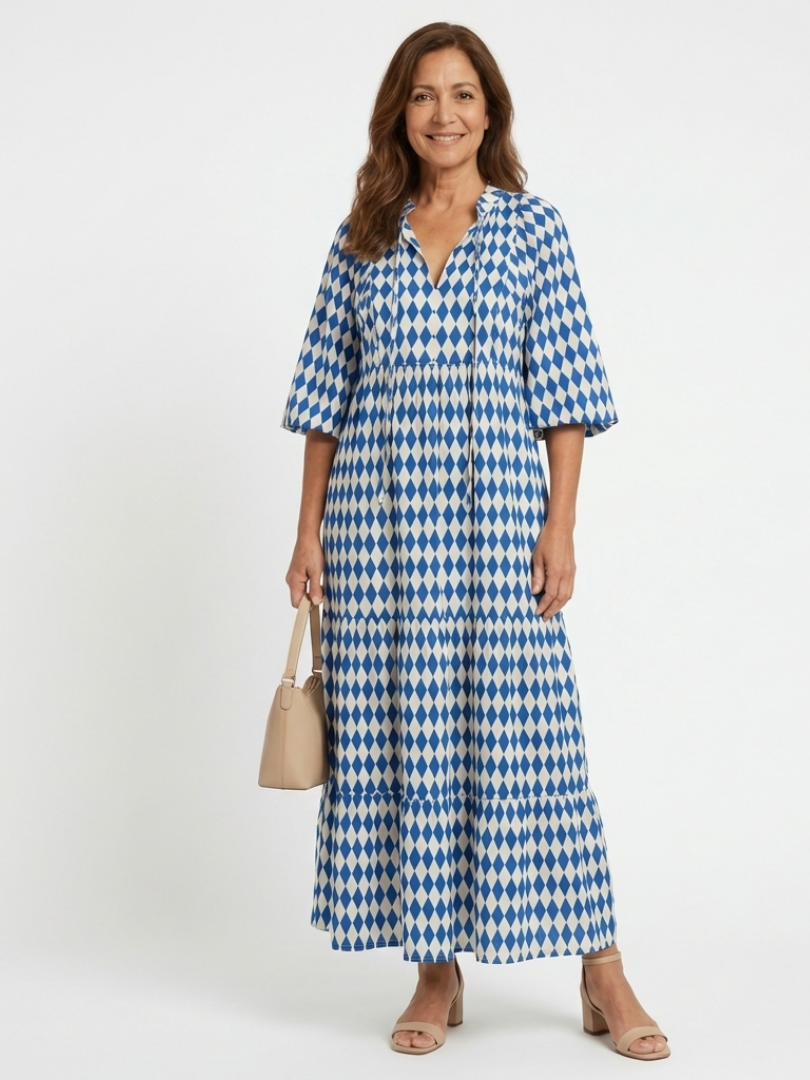 Gytha — Blue Diamond-Print Tiered Maxi Dress with Notch Neckline