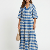 Gytha — Blue Diamond-Print Tiered Maxi Dress with Notch Neckline
