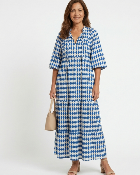 Gytha — Blue Diamond-Print Tiered Maxi Dress with Notch Neckline