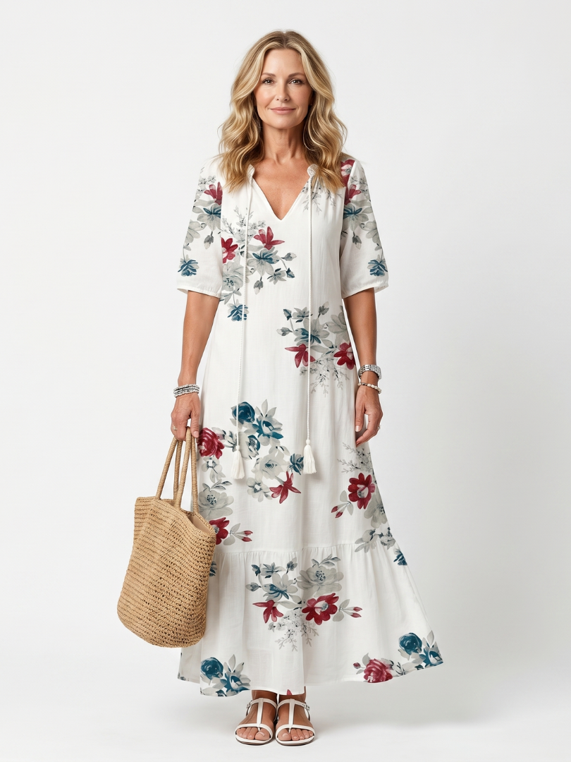 Severine — White Scattered Floral Tiered Maxi Dress with Tassel Ties