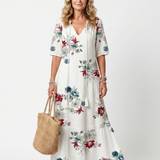 Severine — White Scattered Floral Tiered Maxi Dress with Tassel Ties