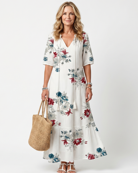 Severine — White Scattered Floral Tiered Maxi Dress with Tassel Ties