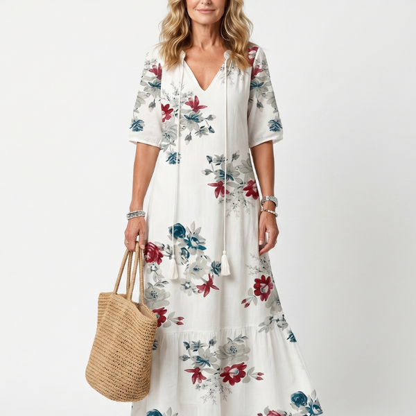 Severine — White Scattered Floral Tiered Maxi Dress with Tassel Ties