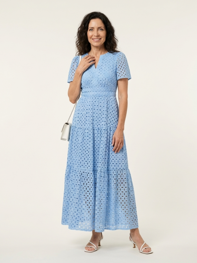 Aslaug — Sky Blue Eyelet-Look Tiered Maxi Dress with Short Sleeves