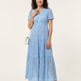 Aslaug — Sky Blue Eyelet-Look Tiered Maxi Dress with Short Sleeves