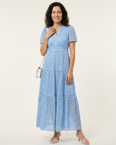 Aslaug — Sky Blue Eyelet-Look Tiered Maxi Dress with Short Sleeves