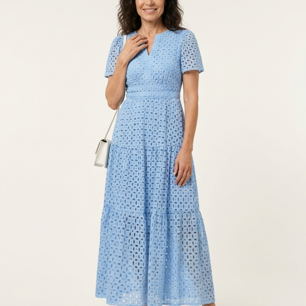 Aslaug — Sky Blue Eyelet-Look Tiered Maxi Dress with Short Sleeves