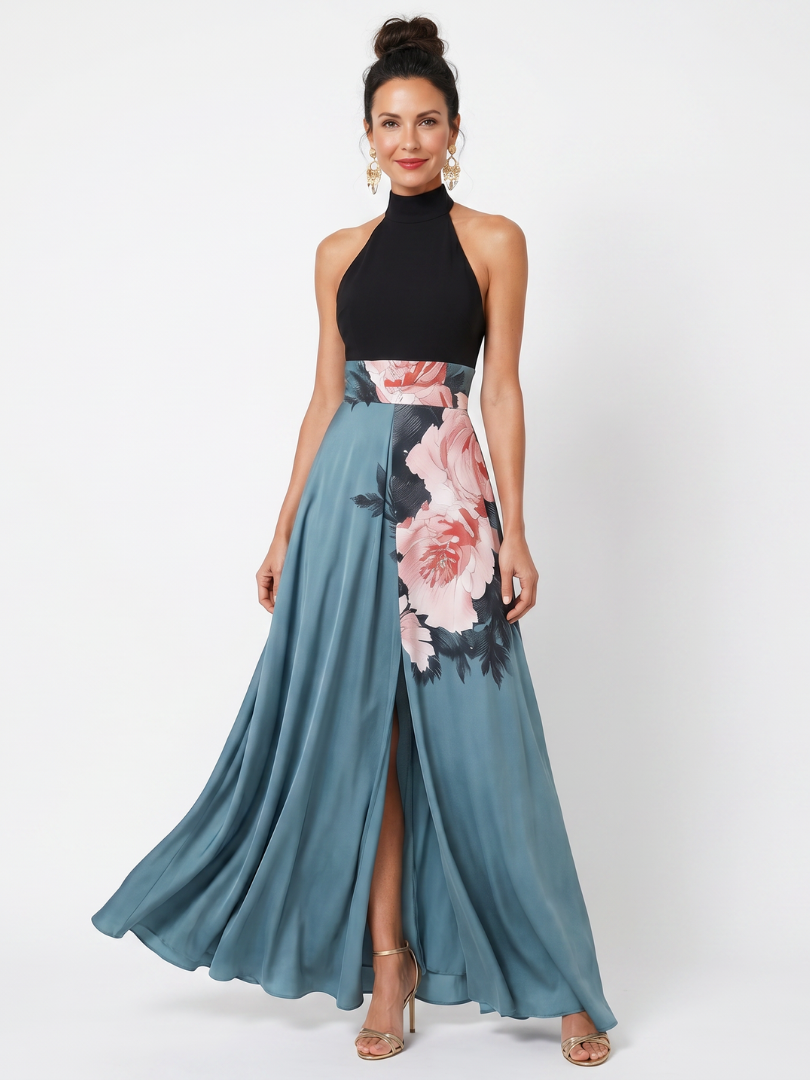 Keturah — Black Halter Bodice and Blue Rose-Print Maxi Dress with Front Slit