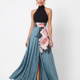 Keturah — Black Halter Bodice and Blue Rose-Print Maxi Dress with Front Slit