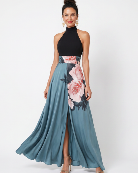 Keturah — Black Halter Bodice and Blue Rose-Print Maxi Dress with Front Slit