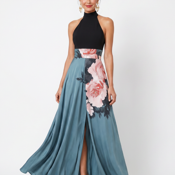 Keturah — Black Halter Bodice and Blue Rose-Print Maxi Dress with Front Slit