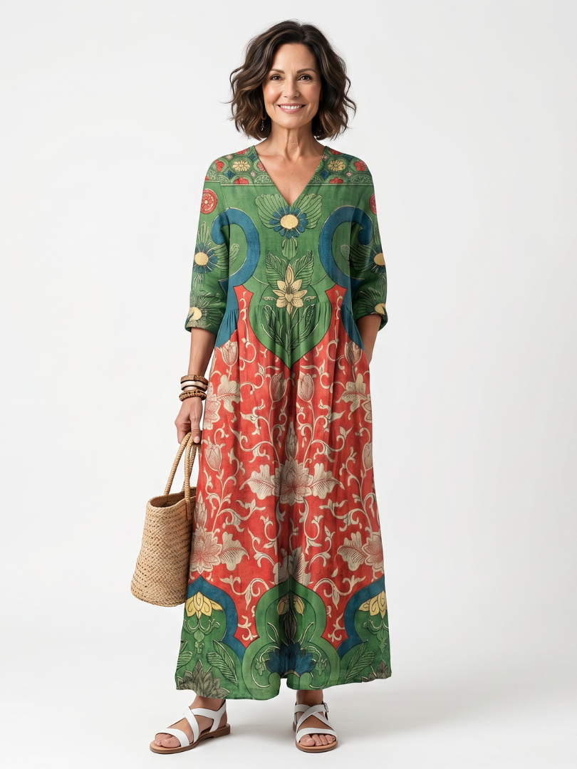 Ellisif — Green and Red Mixed-Print V-Neck Midi Dress with Pockets