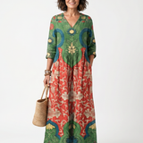 Ellisif — Green and Red Mixed-Print V-Neck Midi Dress with Pockets