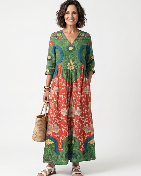 Ellisif — Green and Red Mixed-Print V-Neck Midi Dress with Pockets