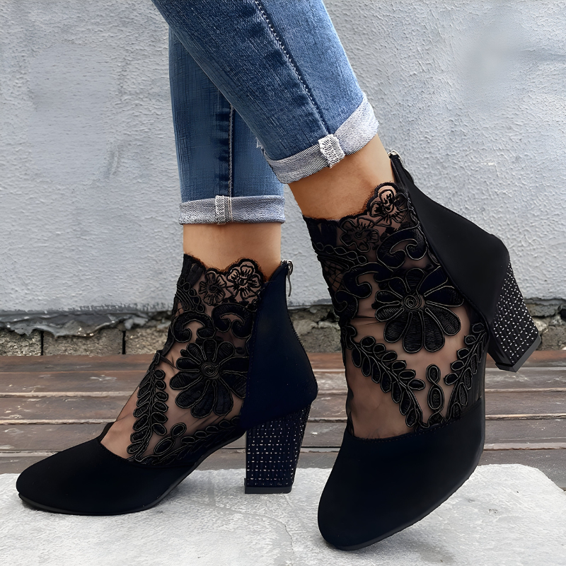 Wafa — Orthopaedic Lace-Panel Block-Heel Ankle Boots with Back Zip