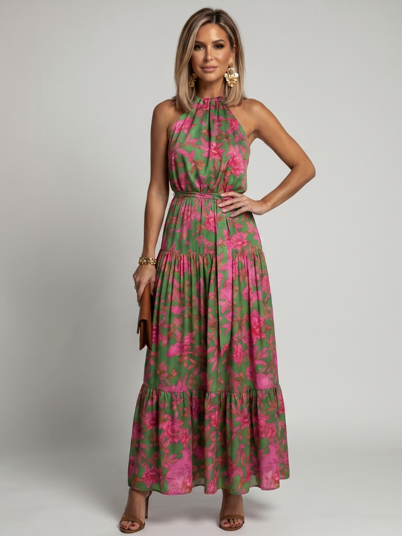 Ilenia — Green and Pink Floral Halter Midi Dress with Tiered Skirt