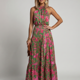 Ilenia — Green and Pink Floral Halter Midi Dress with Tiered Skirt