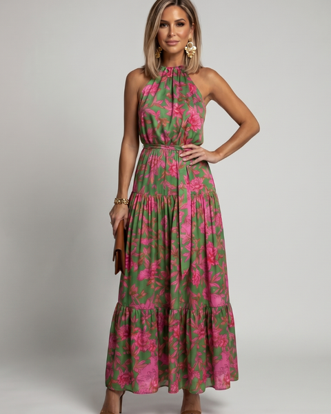 Ilenia — Green and Pink Floral Halter Midi Dress with Tiered Skirt