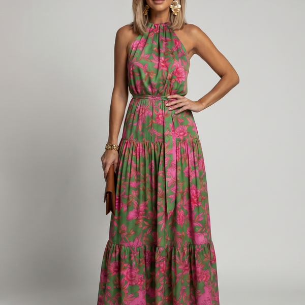Ilenia — Green and Pink Floral Halter Midi Dress with Tiered Skirt