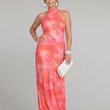 Fermina — Coral Printed Halter Maxi Dress with Fitted Shape