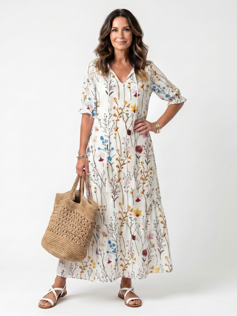 Halldis — Ivory Wildflower-Print Tiered Maxi Dress with Tassel Ties
