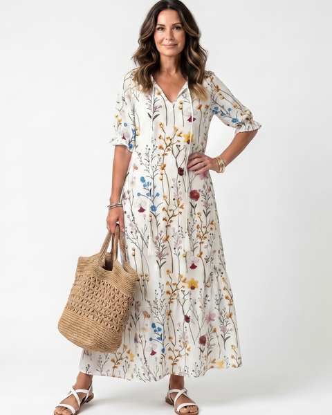 Halldis — Ivory Wildflower-Print Tiered Maxi Dress with Tassel Ties