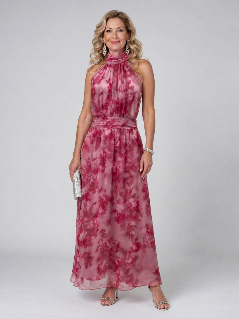 Marthe — Pink Floral Halter Midi Dress with Gathered Bodice