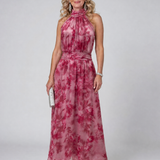 Marthe — Pink Floral Halter Midi Dress with Gathered Bodice
