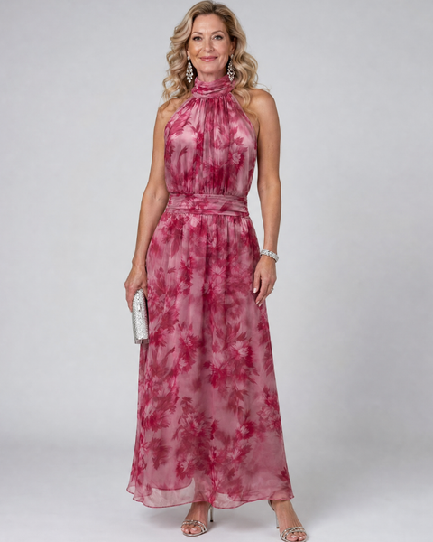Marthe — Pink Floral Halter Midi Dress with Gathered Bodice