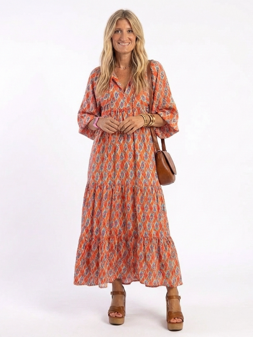 Herta — Orange Ikat-Print Tiered Maxi Dress with Tie Neck and Balloon Sleeves