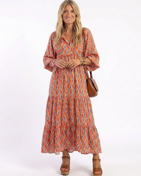 Herta — Orange Ikat-Print Tiered Maxi Dress with Tie Neck and Balloon Sleeves
