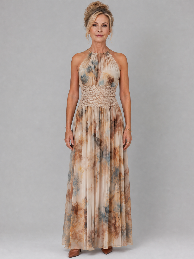 Helga — Watercolour Print Halter Maxi Dress with Lace Waist Panel