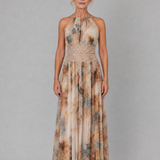 Helga — Watercolour Print Halter Maxi Dress with Lace Waist Panel