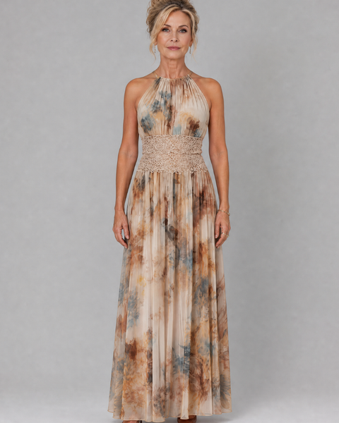 Helga — Watercolour Print Halter Maxi Dress with Lace Waist Panel