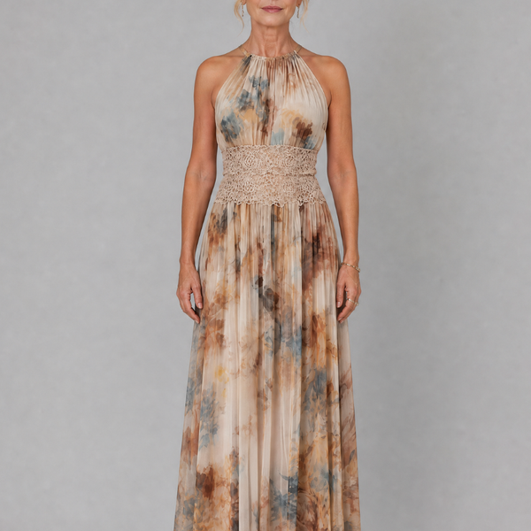 Helga — Watercolour Print Halter Maxi Dress with Lace Waist Panel
