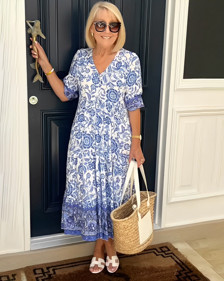 Belinda — Floral V-Neck Tiered Midi Dress