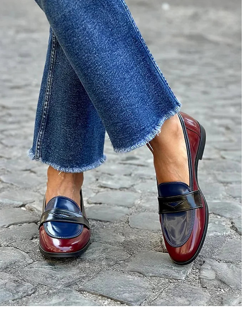 Caterina — Glossy Navy and Burgundy Tricolour Loafers