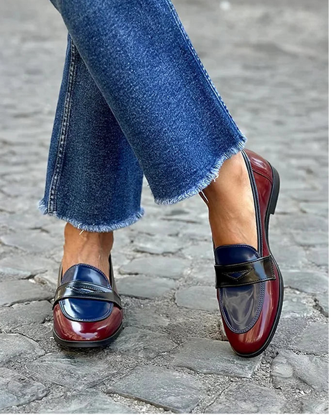 Caterina — Glossy Navy and Burgundy Tricolour Loafers