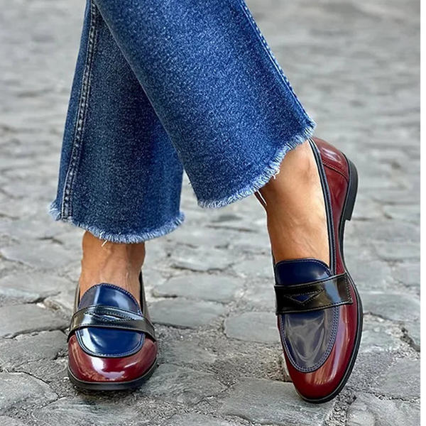 Caterina — Glossy Navy and Burgundy Tricolour Loafers
