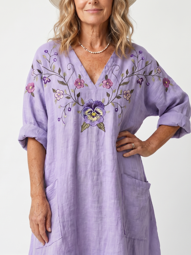 Rozalia — Lavender Floral-Embroidered Relaxed Midi Dress with Pockets