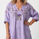 Rozalia — Lavender Floral-Embroidered Relaxed Midi Dress with Pockets