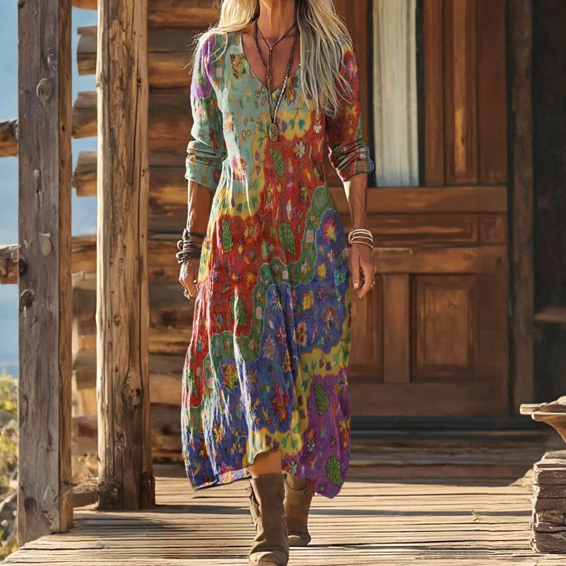 Teodora — Multicolour Abstract Swirl-Print Boho Maxi Dress