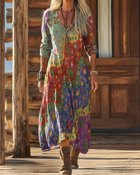 Teodora — Multicolour Abstract Swirl-Print Boho Maxi Dress