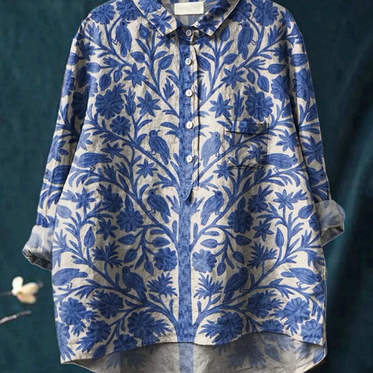 Honorine — Blue Leaf Vine Print Button-Up Blouse