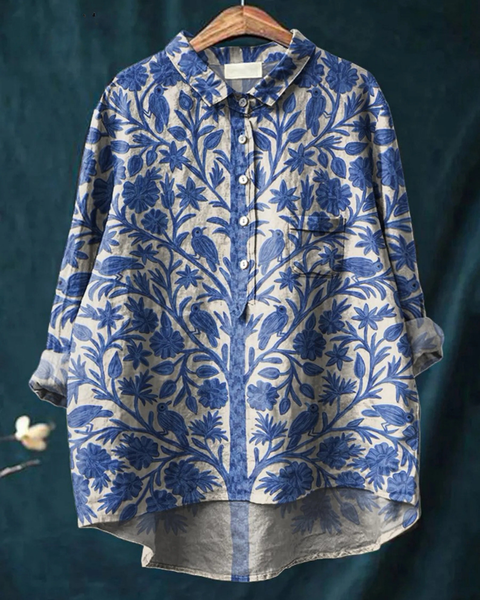 Honorine — Blue Leaf Vine Print Button-Up Blouse