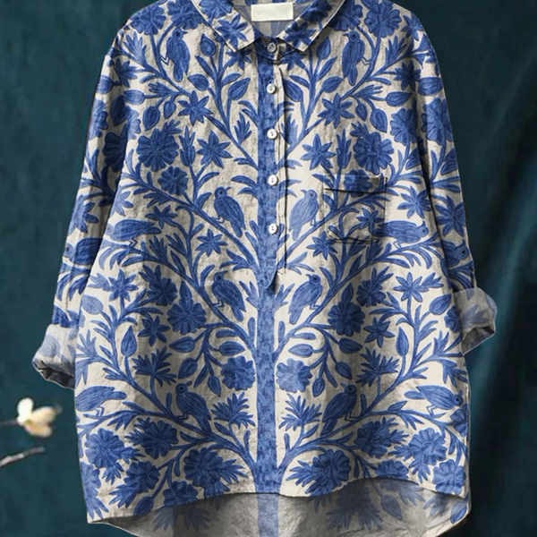 Honorine — Blue Leaf Vine Print Button-Up Blouse